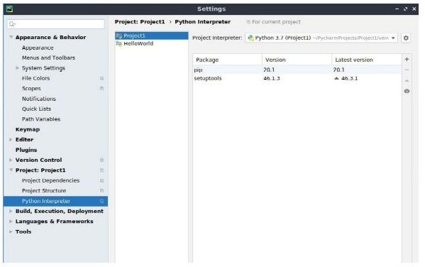 Pycharm Settings screen.