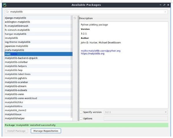 Pycharm Package matplotlib installed successfully screen.